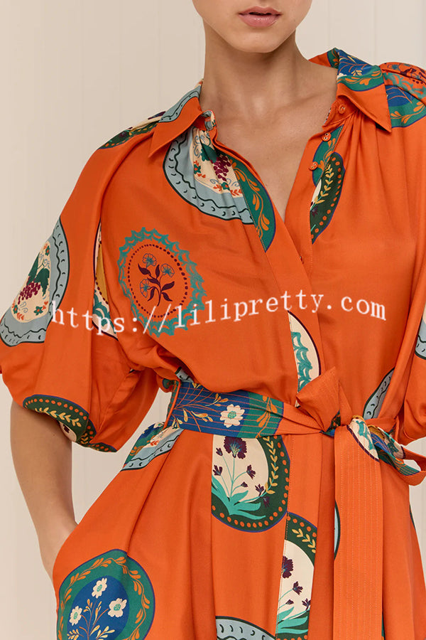 Linen Blend Unique Print Lapel Loose Tie Cardigan Maxi Dress