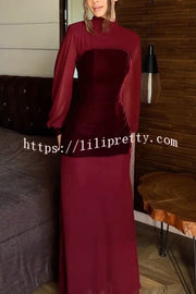 Hildie Chiffon and Two-piece Velvet Lace-up Bra High Neck Long Sleeve Maxi Dress