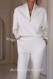 Ivory Marl Fleck Half-Zip Neck Long Sleeve Sweatshirt and Elastic Waist Pocket Jogger Set