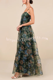 Exclusive Glamour Organza Floral Print Tiered Slip Maxi Dress