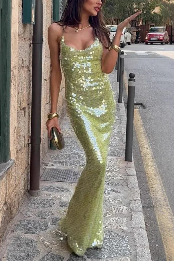 Fashionable Sequined Sexy Open Back Slim Maxi Dress