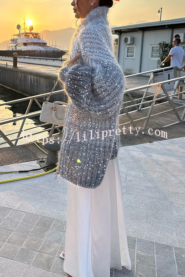 Lilipretty Warm Shining Heart Knit Sequin Balloon Sleeve Zipper Neck Loose Cardigan