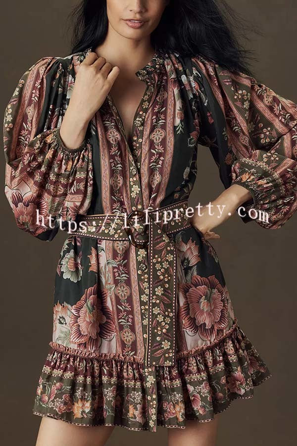 Brazilian Style Unique Floral Print Puff Sleeve Belted Pleated Hem Mini Dress