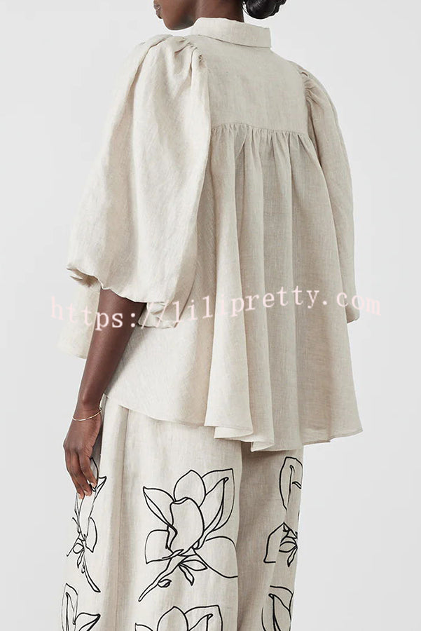 Lola Linen Blend Floral Print Balloon Sleeve Trapeze-style Loose Shirt