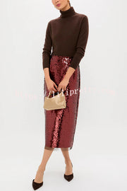Upper East Chic Sequin Mesh Trim High Rise Slit Pencil Midi Skirt