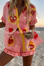 Beach Heart Print Loose Button Elastic Waist Shorts Set