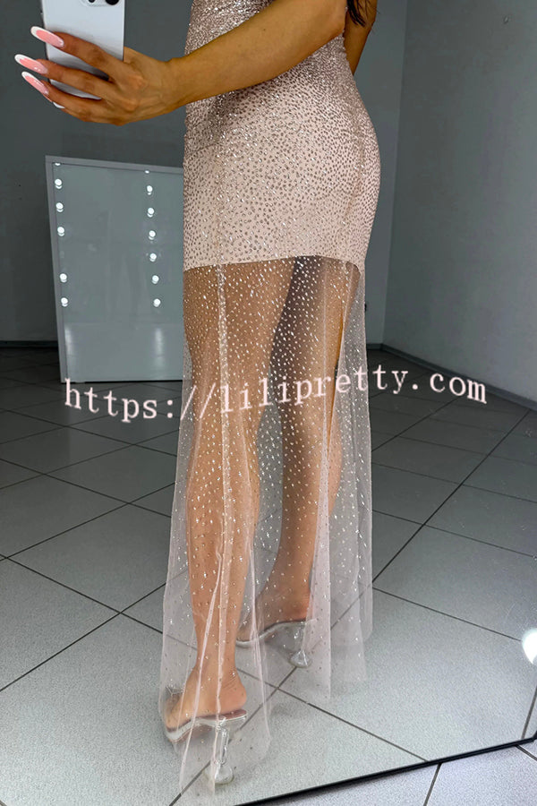 Olivia See-through Mesh Sequin Fabric Warp V-neck Party Maxi Dress