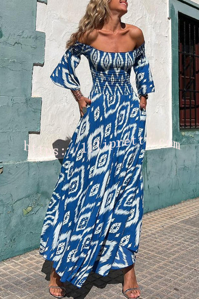 Lilipretty® Close To The Vacation Ethnic Print Smocked Off Shoulder Pocketed Maxi Dress