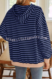 Striped Print Long Sleeve Pocket Loose Hoodie