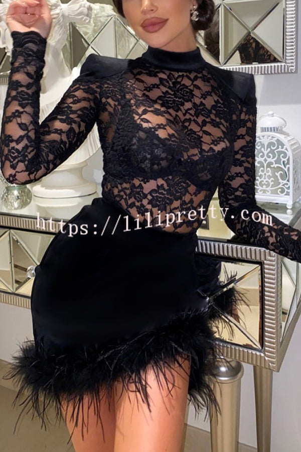 Lilipretty Worth Appreciating Lace Velvet Patchwork Feather Trim Mini Dress