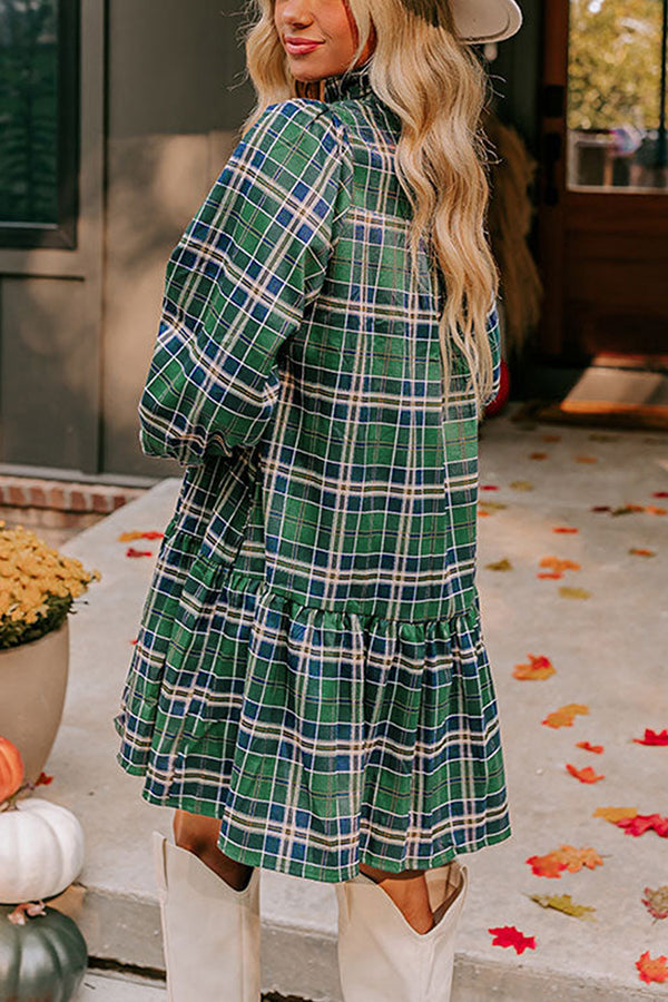Plaid Print Loose V-Neck Long Sleeve Casual Mini Dress
