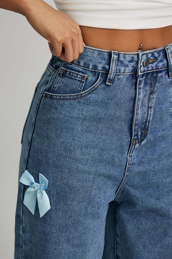 Fashion Bow Embellished High-Rise Casual Pocket Straight Jeans