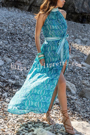 Unique Print Sexy Off-the-shoulder Waist Tie Slit Holiday Midi Dresses