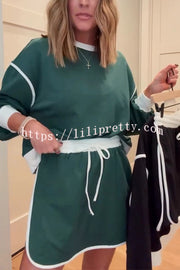 Fashion Round Neck Long Sleeve Spliced Casual Top and Elastic Waist Loose Shorts Set