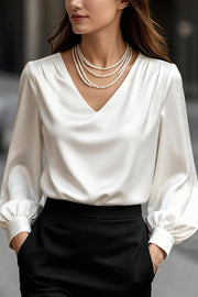 Solid Color Satin V-neck Puff Sleeve Casual Shirt