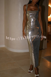 Eye Catching Sequin Cutout Waist Wide Strap Bacakless Maxi Dress