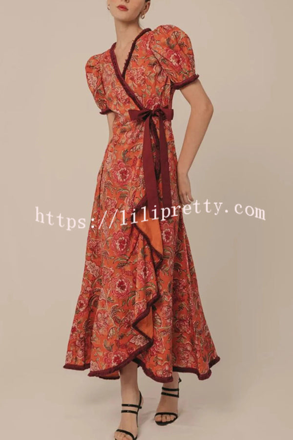 Bohemian Floral Print Elegant Puff Sleeve Holiday Maxi Dress