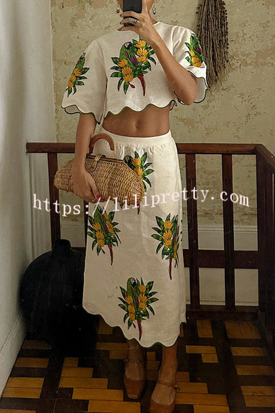 Parrot Print Round Neck Loose Crop Top and Elastic Waist Pocket Casual Midi Skirt Set
