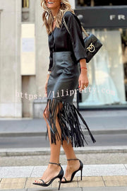 Lilipretty Haow Solid Color Fringed Paneled Leather Skirt