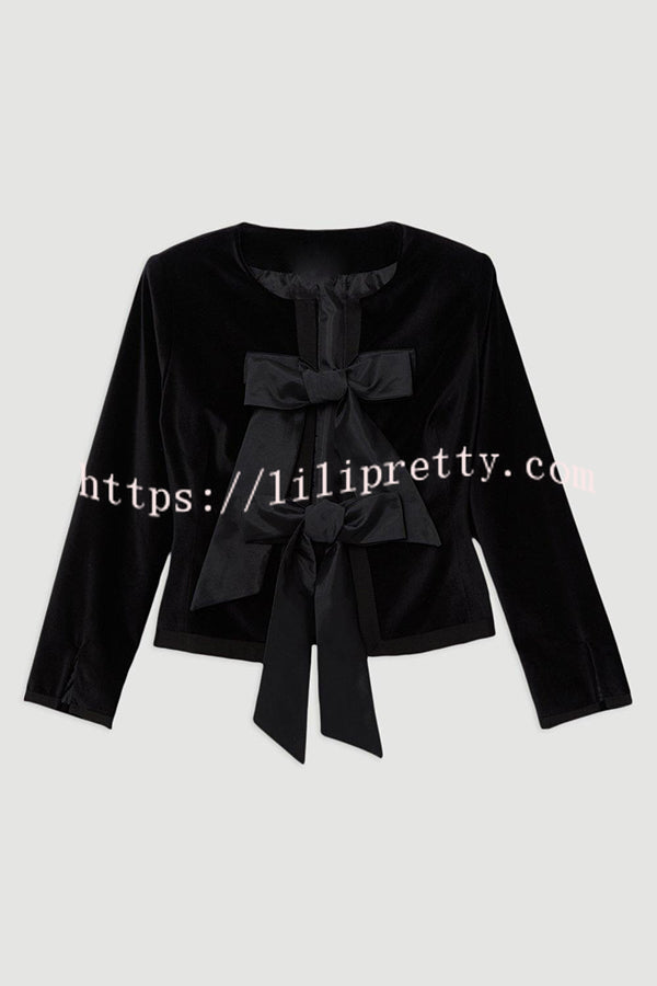 Cue The Cocktails Velvet Tailored Taffeta Bow Detail Peplum Jacket