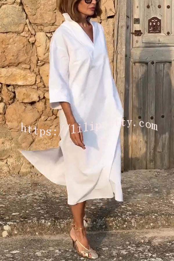 Solid Color V-neck Half-sleeve Loose Slit Midi Dress