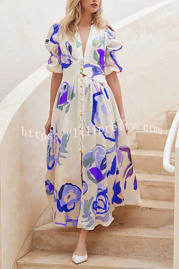Lilipretty Lover's Gaze Watercolor Floral Printed Puff Sleeve Button Maxi Dress
