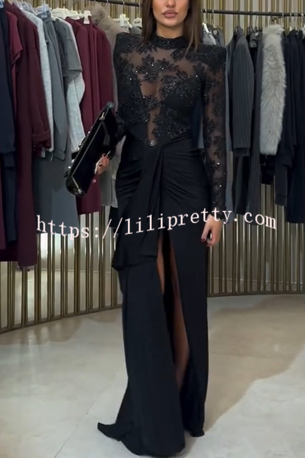 Fenna Sheer Floral Sequin Shoulder Pads Long Sleeve Drape Slit Maxi Dress