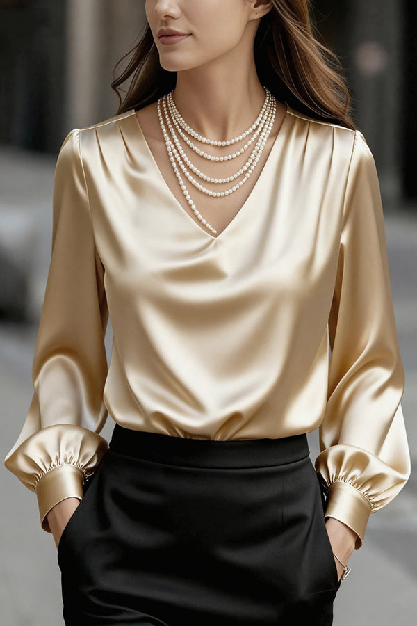 Solid Color Satin V-neck Puff Sleeve Casual Shirt