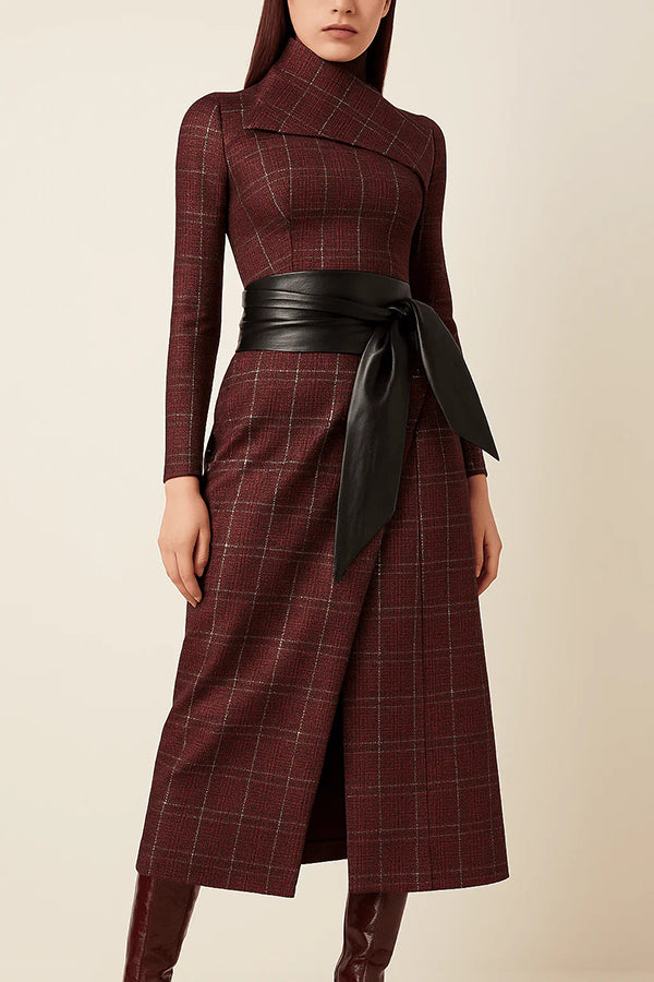 Plaid Print Long-Sleeved Wide-belted Slim-Fit Midi Dress