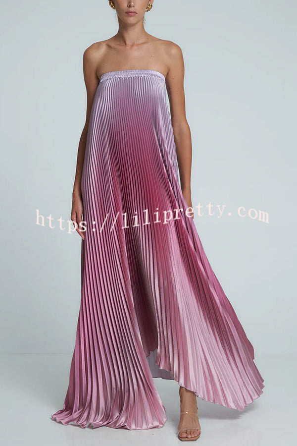 Gorgeous Styling Satin Pleated Elastic Bust Strapless A-line Gown Maxi Dress