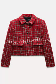 Tweed Plaid Textured Long-sleeved Casual Pocket Jacket