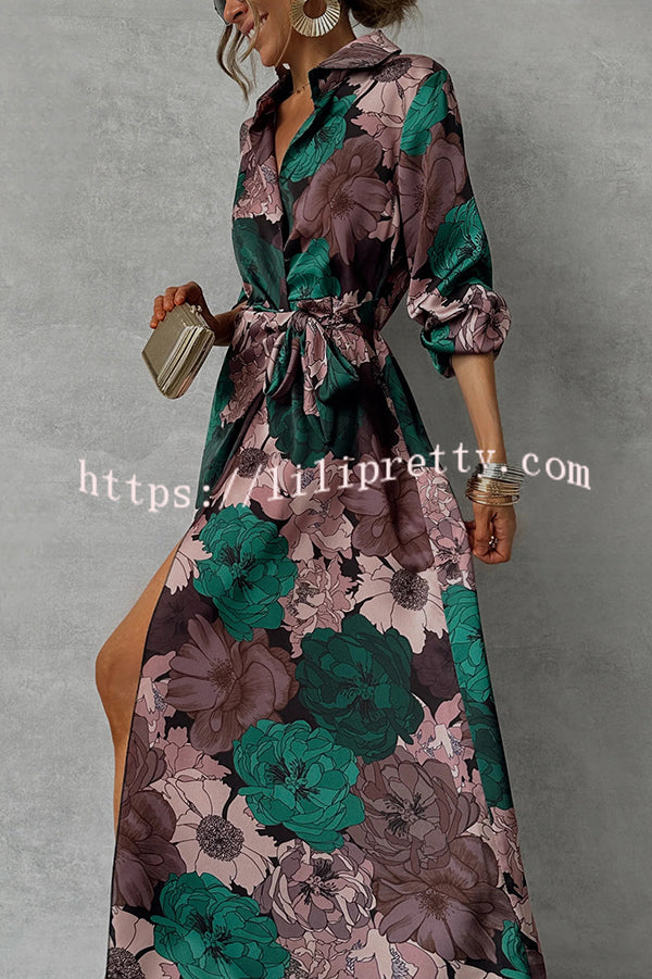 Floral Print Lapel Waisted Lace-up Long-sleeve Maxi Dress