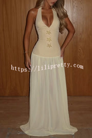 Giselle Gold Starfish Hardware Halter Back Lace-up Tulle Maxi Dress