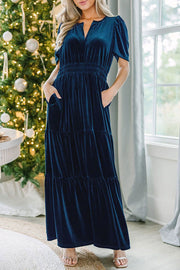 Lilipretty Stunning V-Neck Velvet Stretch Waist Pocket Pleated Maxi Dress