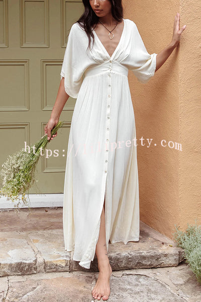 Solid V-neck High Waisted Single Breasted Ultra Maxi Dress