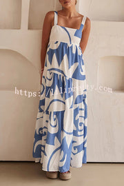 Bohemian Style Geometric Print Back Smocked Loose Maxi Dress