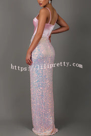 All about Glam Satin Corset Sequin Twist High Leg Split Maxi Dress