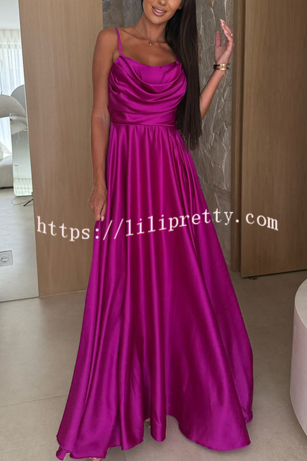 Solid Color Suspender Back Pleated Elegant Slit Full Hem Maxi Dress