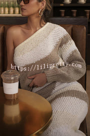 Soft Autumn Knit Colorblock One Shoulder Sleeve Ribbed Trim Loose Sweater