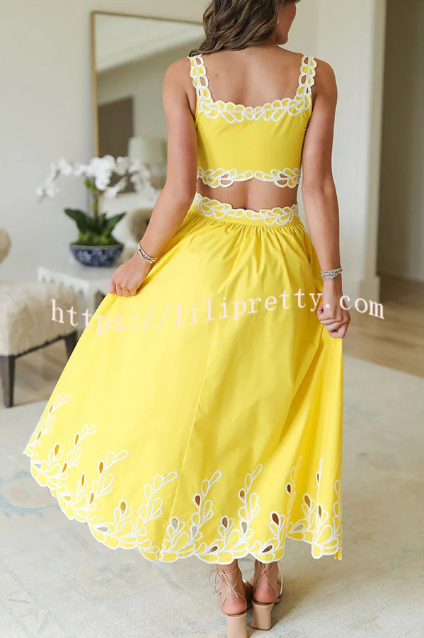 Perfect Vacation Embroidered Trim Crop Tank and Elastic Waist A-line Maxi Skirt Set