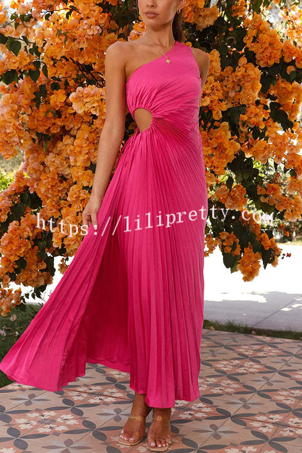 Charming One Shoulder Lace Up Cutout Pleated Maxi Dress