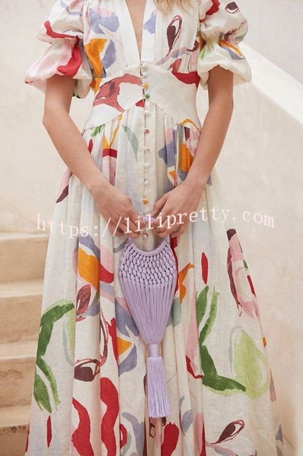 Lilipretty Lover's Gaze Watercolor Floral Printed Puff Sleeve Button Maxi Dress