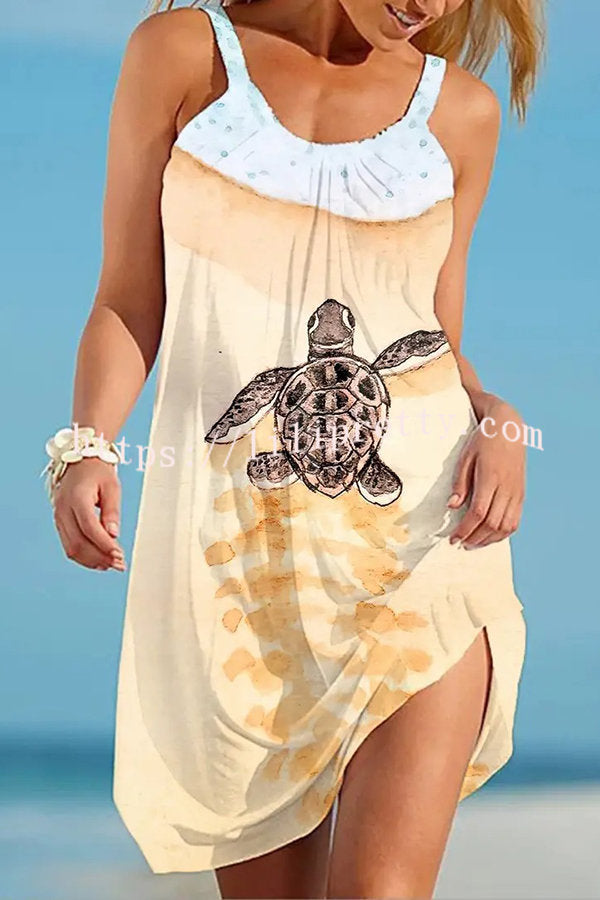 Liberty Island Ocean Turtle Printed Sling Beach Mini Dress