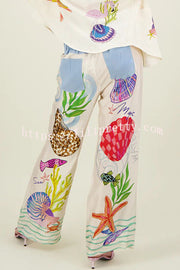 Lilipretty® Dream Ocean Satin Unique Print Back Elastic Waist Pocketed Wide Leg Pants