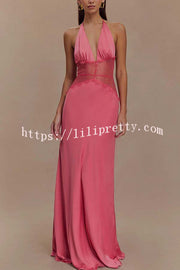 Seductive Details Satin Lace Waist Halter Tie-up Backless Maxi Dress