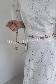 Elegant Embroidered Hollow Flowers Bell Sleeve Top and Full Hem Maxi Skirt Set