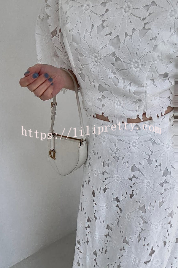 Elegant Embroidered Hollow Flowers Bell Sleeve Top and Full Hem Maxi Skirt Set