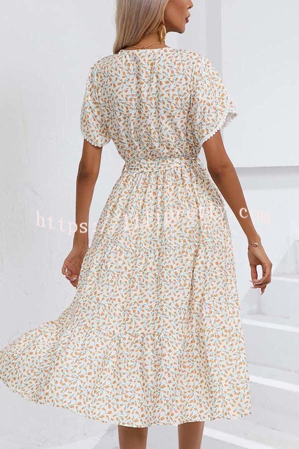Mariela Floral Print Tie-up Lace Trim Midi Dress