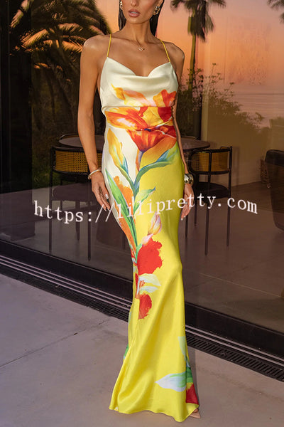 Luisa Satin Floral Print Cowl Neck Sexy Open Back Tie-up Maxi Dress