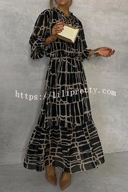 Unique Printed V-neck Tie-up Waist Long-sleeve Maxi Dress